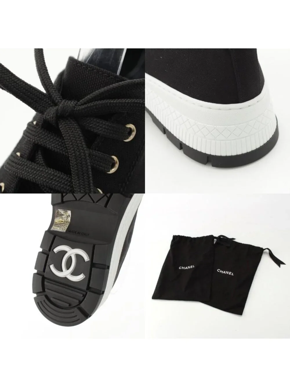 Chanel Cotton Lambskin CC Logo Low Cut Sneakers Black White